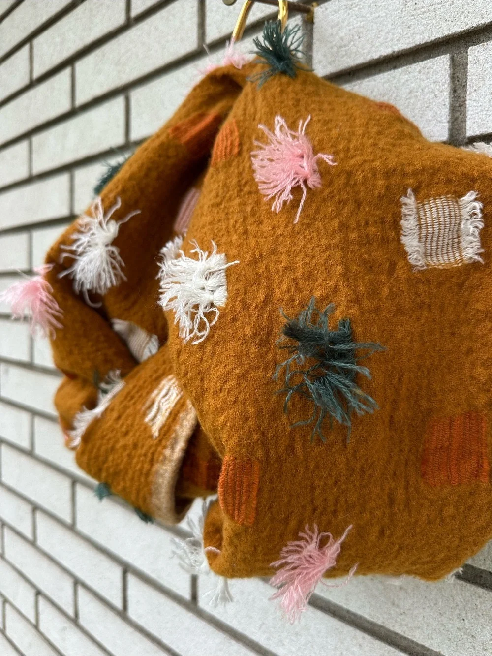 Madewell Wool Blend Textured Fringe Scarf Mustard Boho Artisan Pom Pom